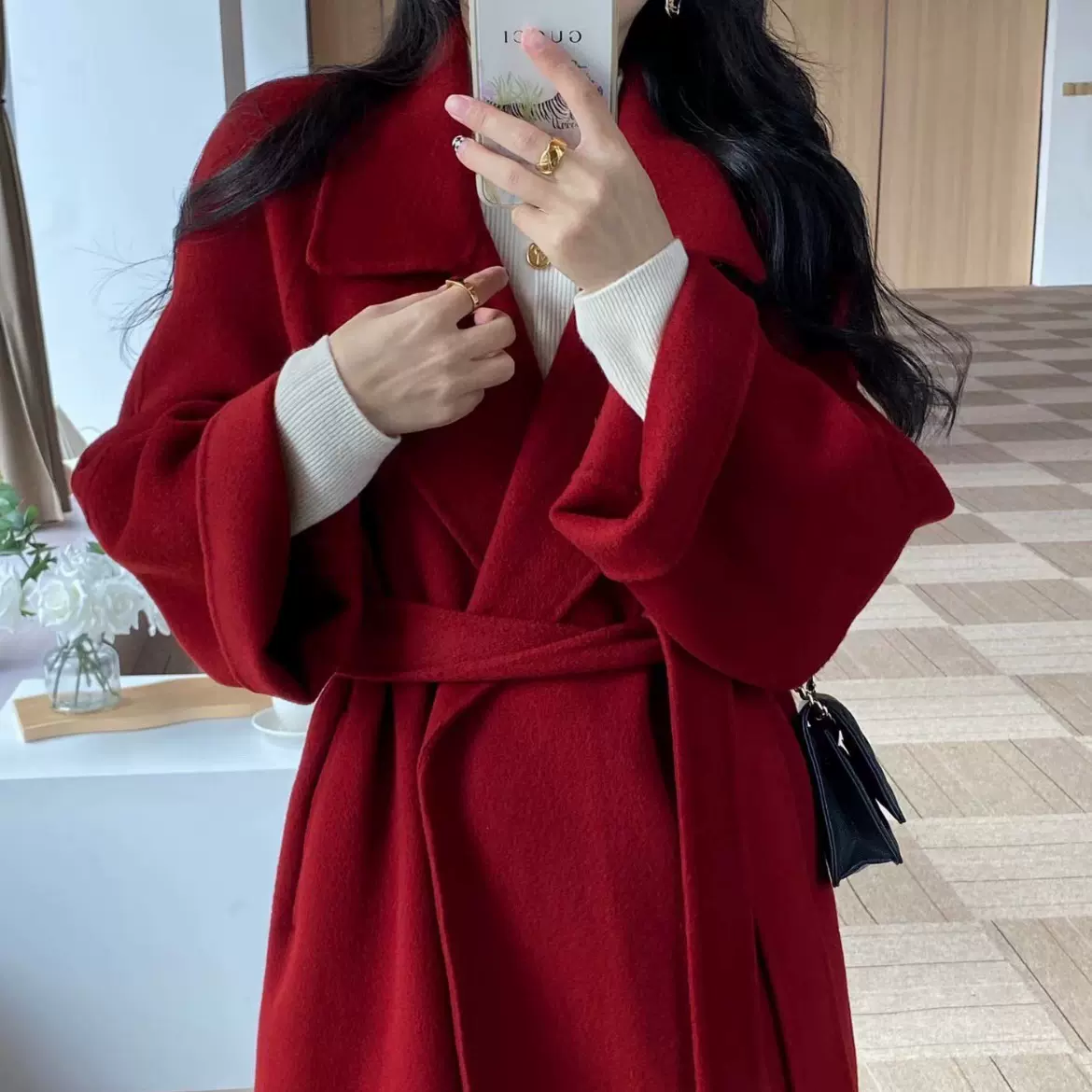 西西里慵懒大衣女新年战袍双面羊绒秋冬外套韩版宽松羊毛呢子外套