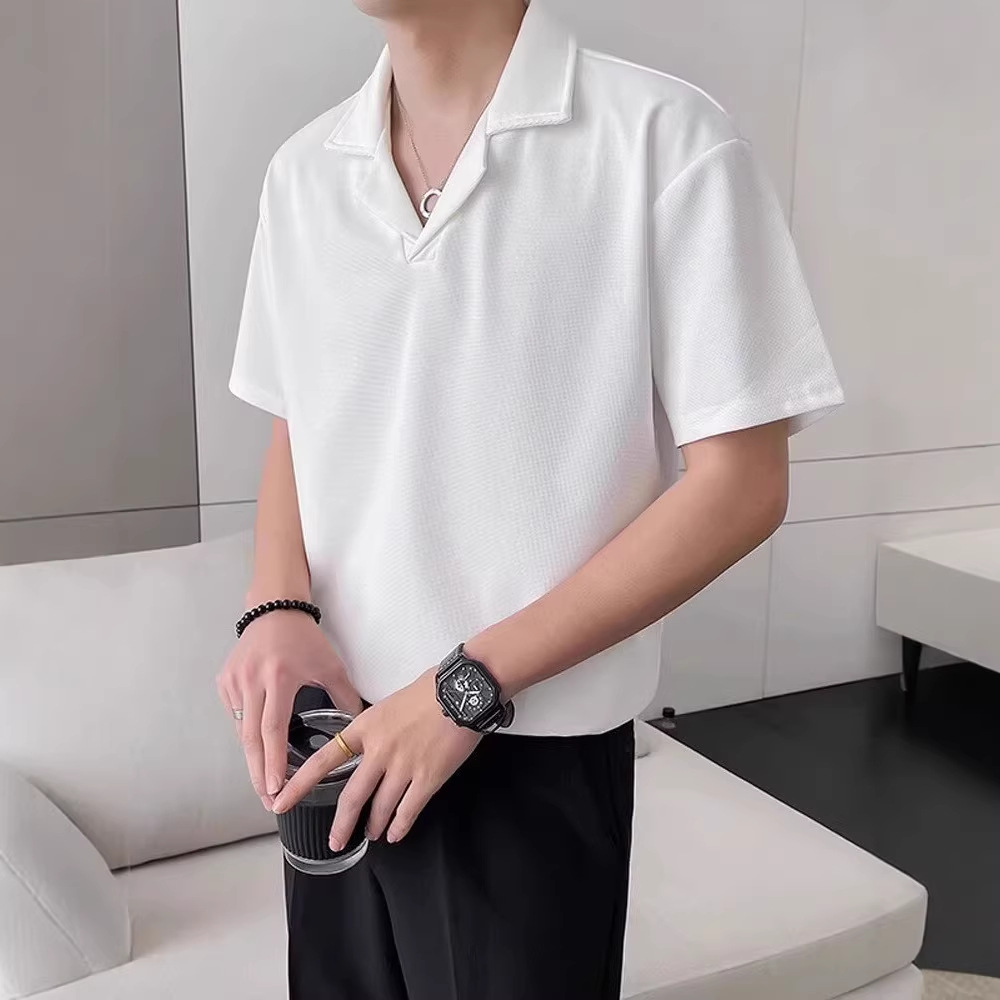 Camicia da uomo con colletto cubano – Camicia oversize a maniche corte con trama a nido d'ape (poliestere traspirante, bianco/nero/grigio, M-3XL)_voghion.com