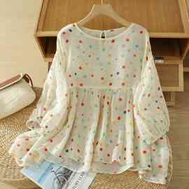 夏季文艺甜美日系彩色波点娃娃衫宽松慵懒风百搭麻料衬衫
