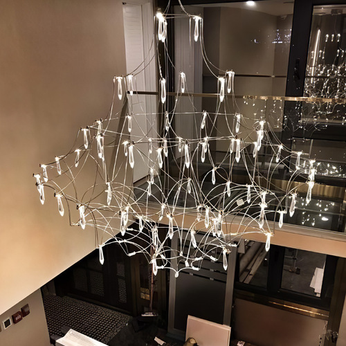 Nordic modern stainless steel LED starry sky chandelier, living room duplex floor light luxury crystal firefly bedroom chandelier