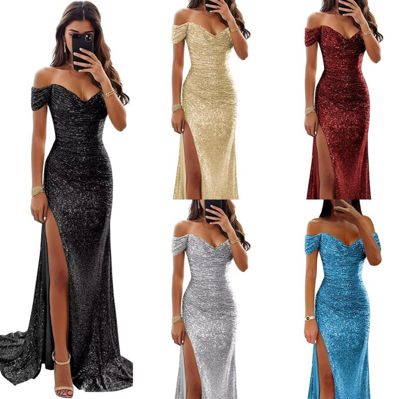 Cross-Border 2025 European and American Amazon New Party Sexy Sequin One-Line Collar Large Hem Evening Dress for Women