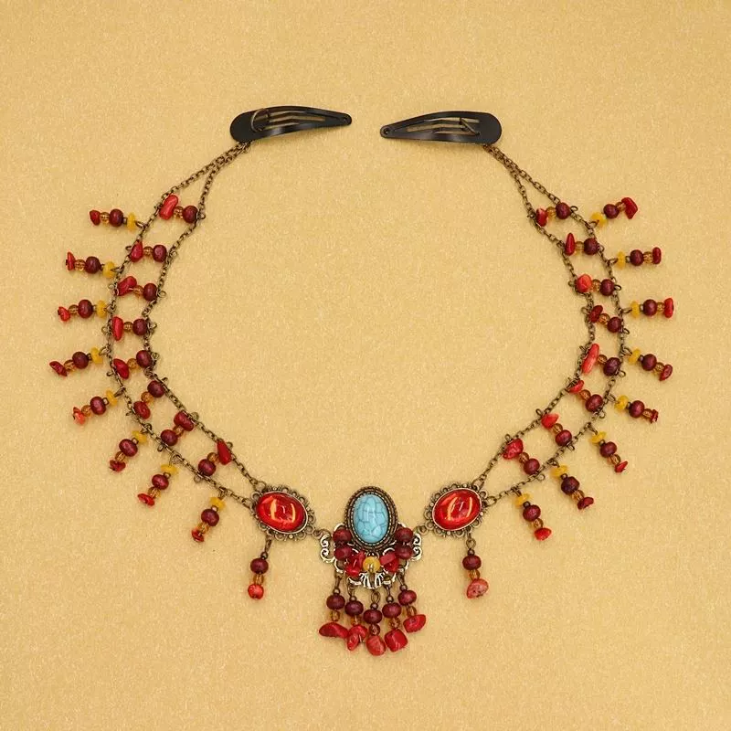 Аксессуар для волос, похожий на стиль Дунгуань Сяофэн для фотографий в пустыне, экзотический древний костюм, украшение на лоб Ханфу с красной подвеской для бровей.