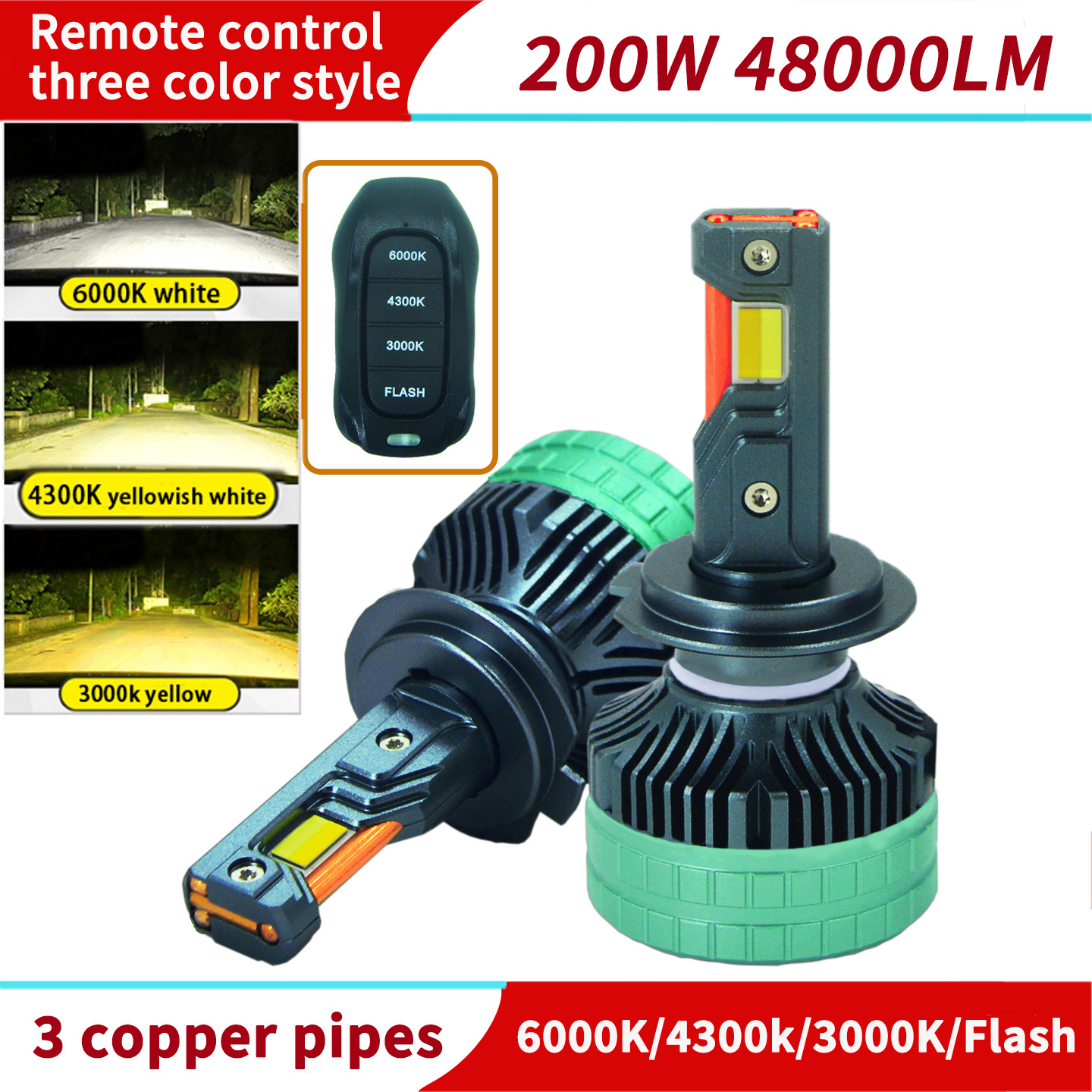Faros LED de coche de control remoto inteligente de tres colores de tubo de cobre transfronterizo H7H4H1190059012 faros de coche con flash