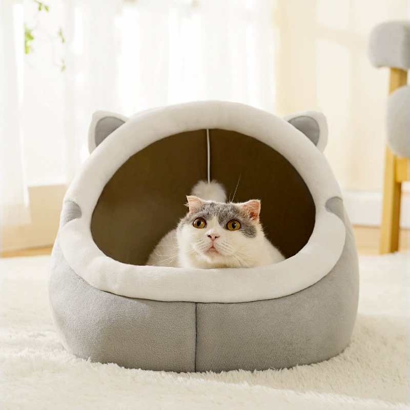 Зимнее плюшевое полузакрытое теплое гнездо для кошек мягкое и удобное для глубокого сна съемное и моющееся простое серое