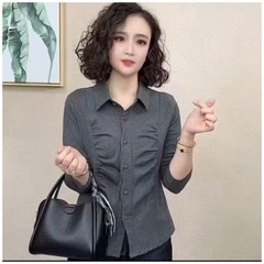 一件代发 2025秋季新款洋气百搭减龄长袖衬衫纯色Polo领气质上衣