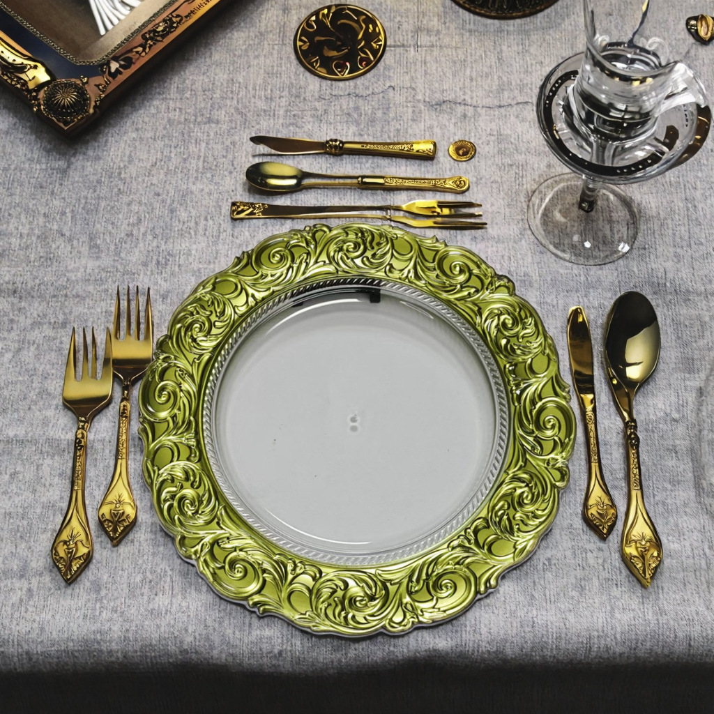 Fábrica de espejo directo de comercio exterior placas de cargador transparentes de estilo europeo banquete de bodas de hotel