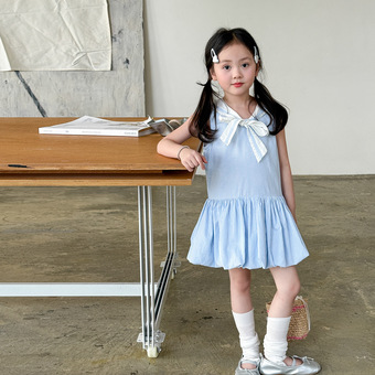维木童装女童夏连衣裙2025新款儿童海军风花苞公主裙宝宝衣服裙子