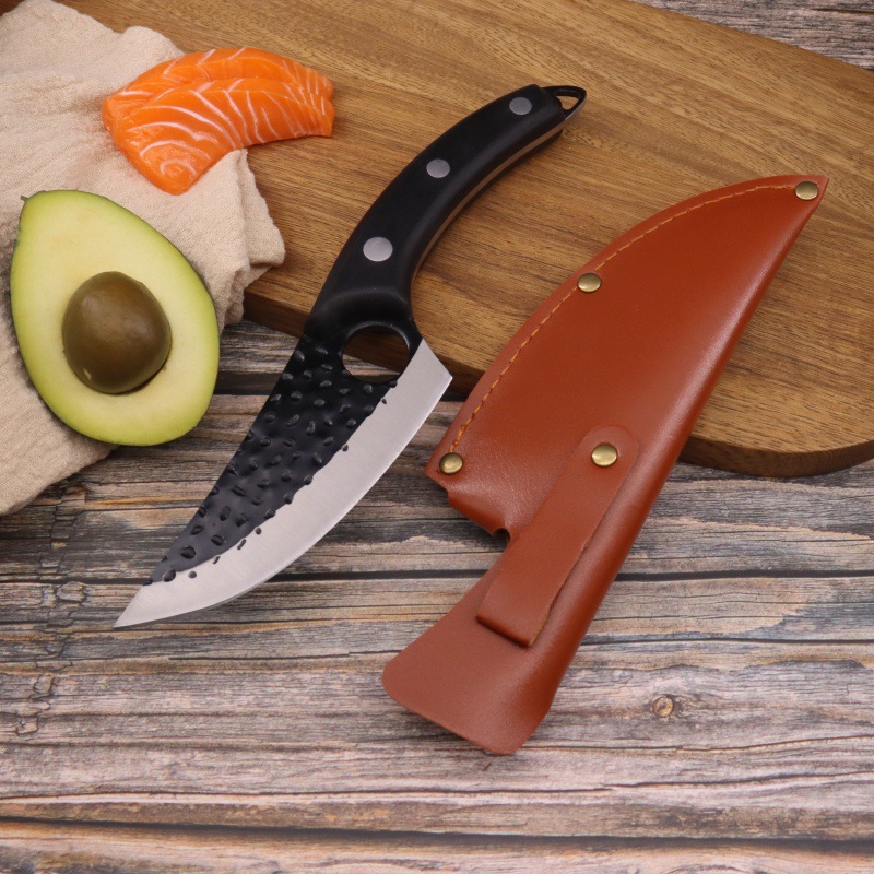 검은색 나무 손잡이 정육점 칼 + 가죽 칼집