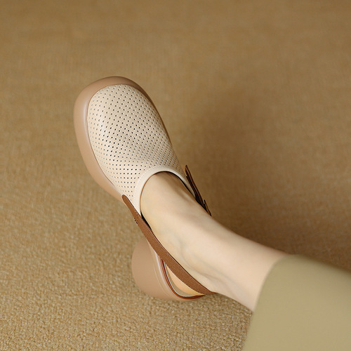 Baotou Sponge Cake Thick Sole Hollow Sandals Women's Summer Chunky Heel Round Toe Buckle Strap Open Back Roman Shoes