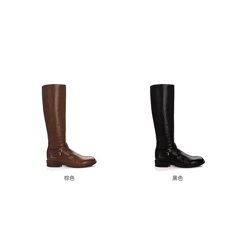 Grape Mom otoño e invierno nuevo ~ Doble hebilla con cabeza redonda pero botas altas con cremallera lateral en la rodilla botas de caballero de tacón grueso mujeres