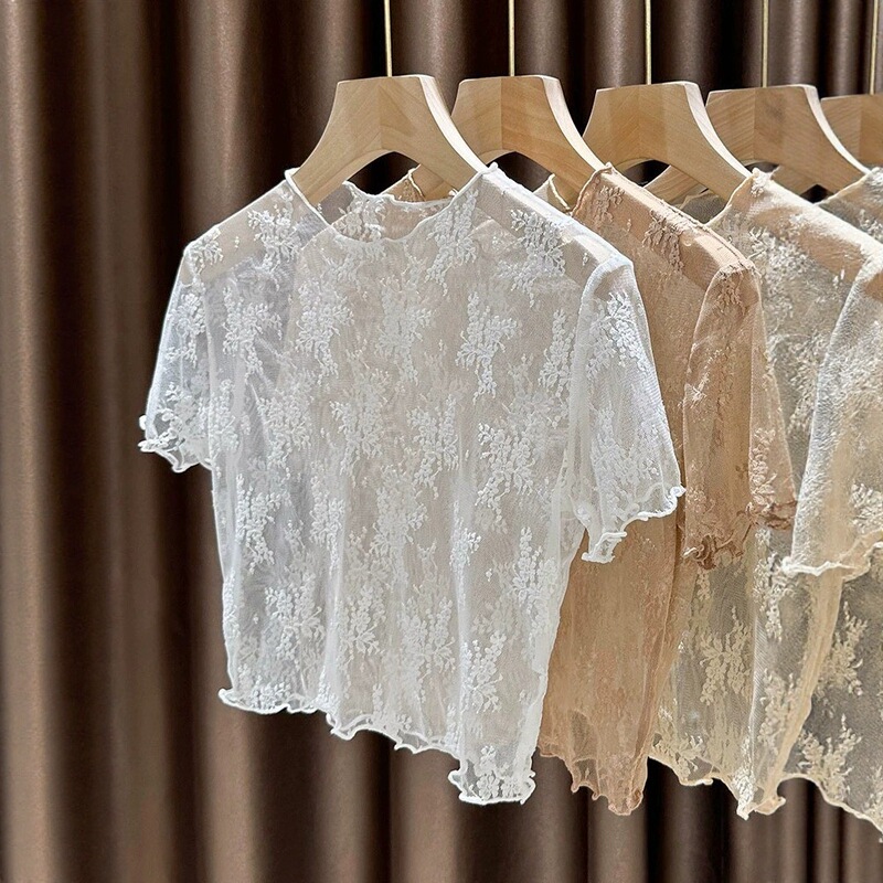 Lace Short-Sleeve Base Shirt for Women, Summer Thin Ruffled Half-Tunic Top, Mesh Round Neck Inner T-Shirt