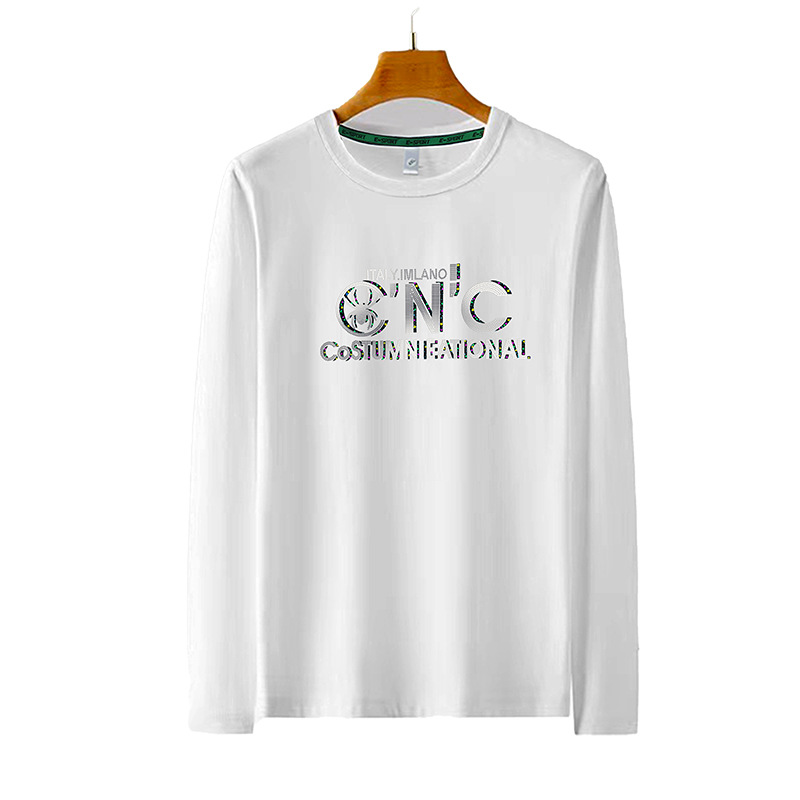 Nuova maglietta a maniche lunghe con stampa di lettere glitterate, scollo rotondo da uomo, top casual alla moda per l'inizio dell'autunno e_voghion.com