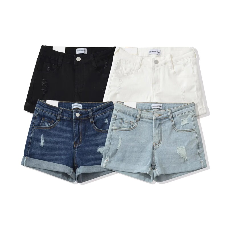 Ripped American-Style Summer Slim-Fit Hot Pants, Hip-Enhancing Denim Shorts for Women, Flattering for Hips, Slimming, Long Legs, Sexy Style, Black and White Ripped American-Style Summer Slim-Fit Hot Pants, Hip-Enhancing Denim Shorts for Women, Flattering for Hips, Slimming, Long Legs, Sexy Style, Black and White