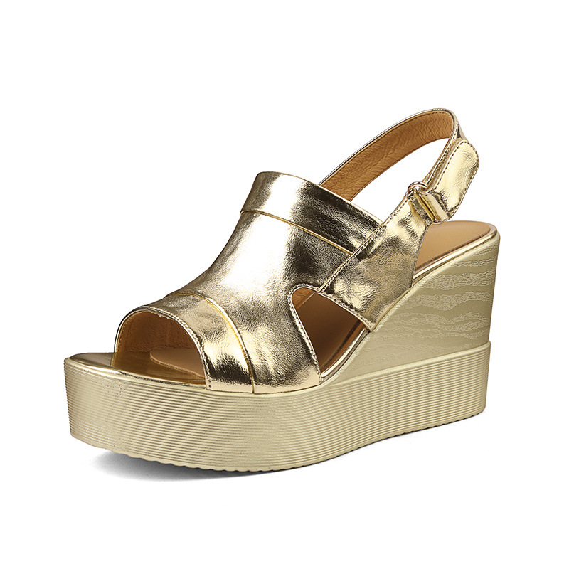 Sandal hở mũi nữ đế xuồng cao gót màu bạc phong cách La Mã đế dày độn cao — Màu vàng, Màu bạc