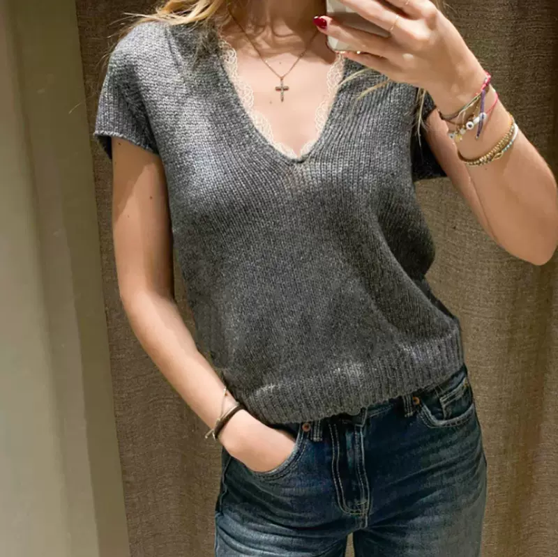 MD26春夏新款短袖针织衫法式芭蕾风蕾丝拼接V领女上衣05607508809