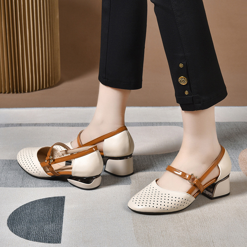 Sandal da thật nữ mũi kín đế mềm gót vuông 2.5 cm phối váy — Gót màu be cao 2.5 cm da thật