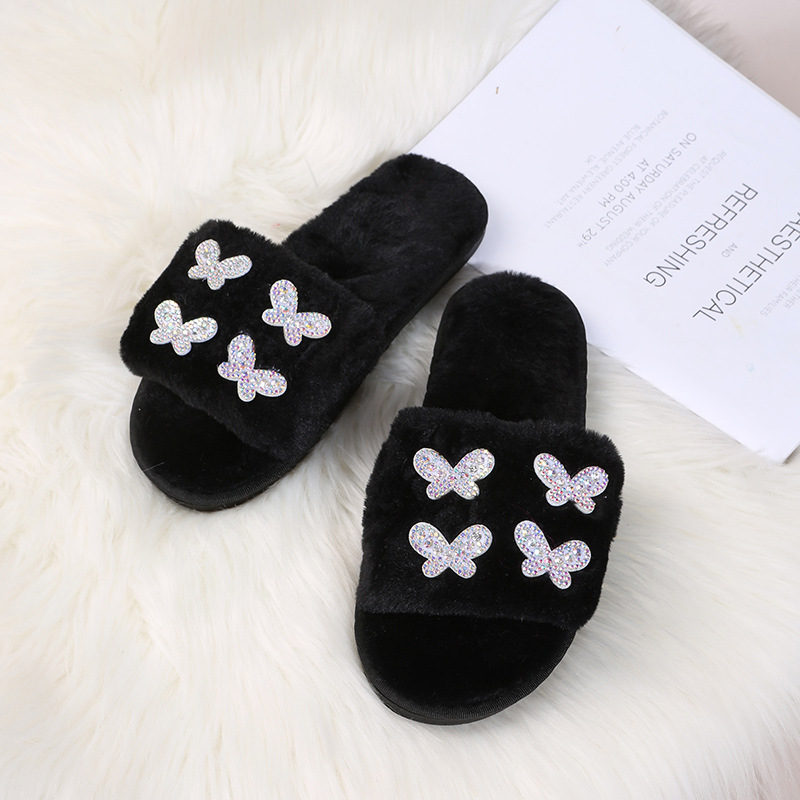 Plush Butterfly Cotton Rhinestone Slippers NSKJX104251