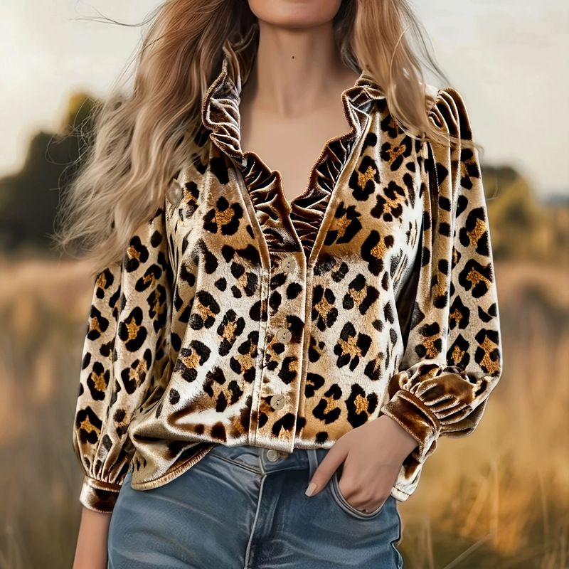 2026 European and American cross-border foreign trade Amazon new ruffled gold velvet leopard print long-sleeve plus-size shirt top