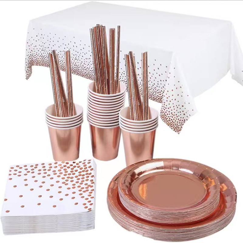 Foreign Trade Cross-border Rose Gold Bronzing Birthday Party Party Supplies Rose Gold Paper Tray Paper Cup Layout suit