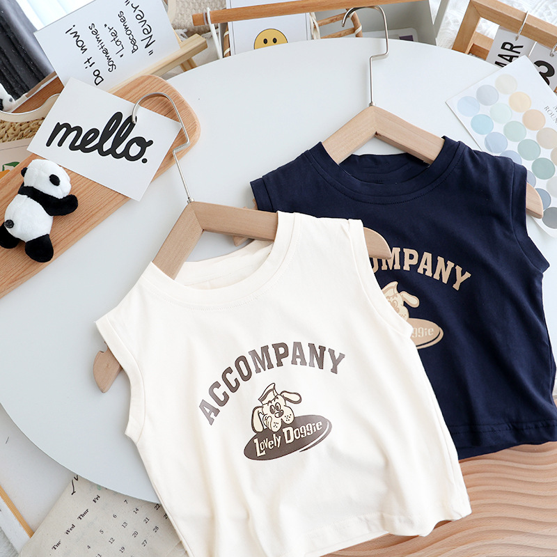 Pure cotton baby sleeveless t-shirt, 2026 new style, versatile cartoon animation, boys' and girls' vest, sweatshirt, top, summer.