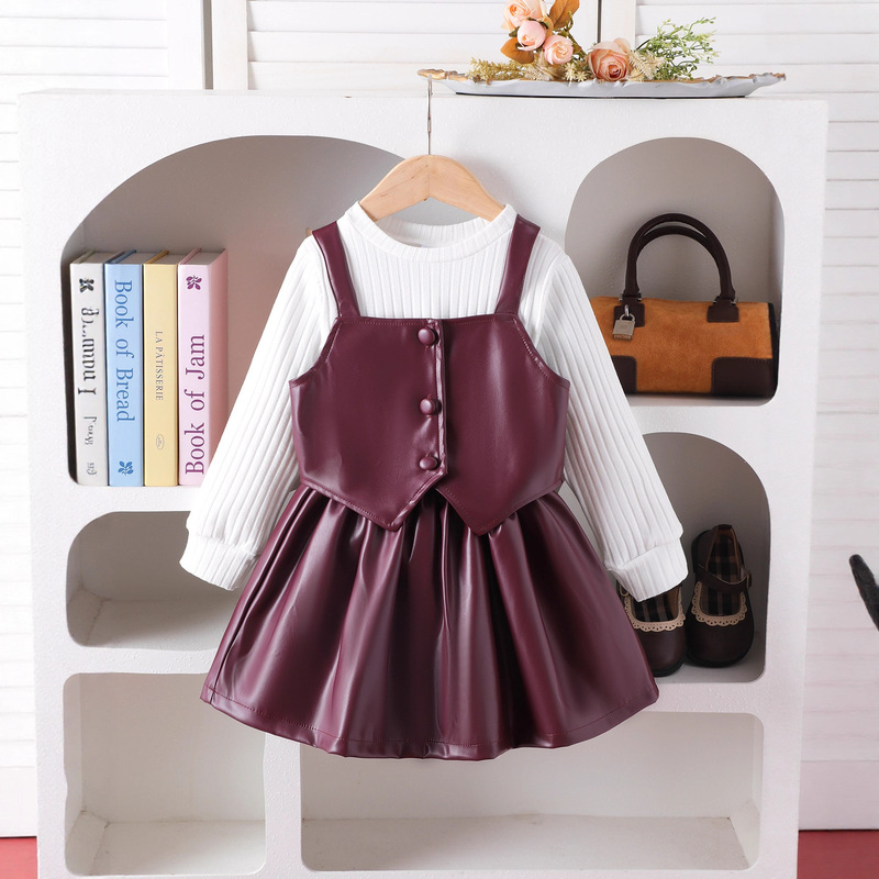 2025 Cross-Border Autumn and Winter New Girls' Suit Thick Long-Sleeved Bottoming Shirt with Pu Vest and Short Skirt Three-Piece Set 2025 Cross-Border Autumn and Winter New Girls' Suit Thick Long-Sleeved Bottoming Shirt with Pu Vest and Short Skirt Three-Piece Set