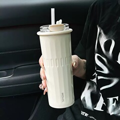 新型シンプルコーヒーカップファッション女性ストロー付き保温カップステンレス保冷高颜値ダブル飲料カップ