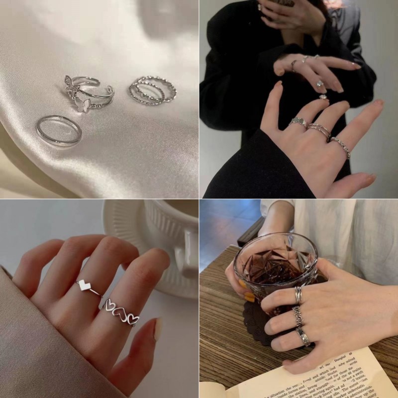 Anillo de estilo frío Instagram para mujer, conjunto de anillo de combinación de diseño de nicho, dulce, fresco, simple, personalidad abierta, conjunto de anillo de moda