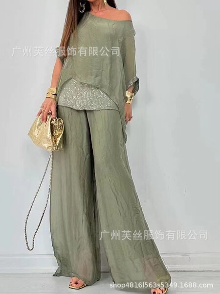 summer shiffon trousers with a round collar