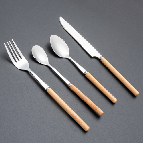 Wooden thin handle dessert fork and spoon 410 stainless steel tableware three-piece steak western food tableware knife, fork and spoon set