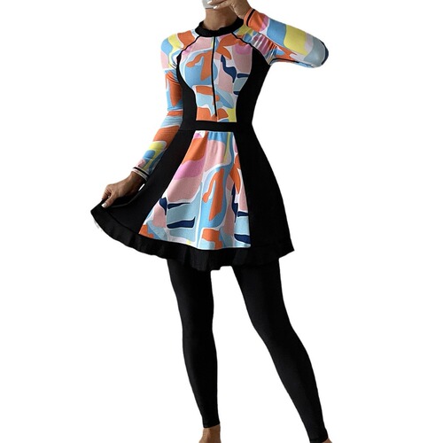 Muslim swimwear with random graphic prints: conservative, full-coverage three-piece set featuring long-sleeve one-piece tops and long pants with shorts.