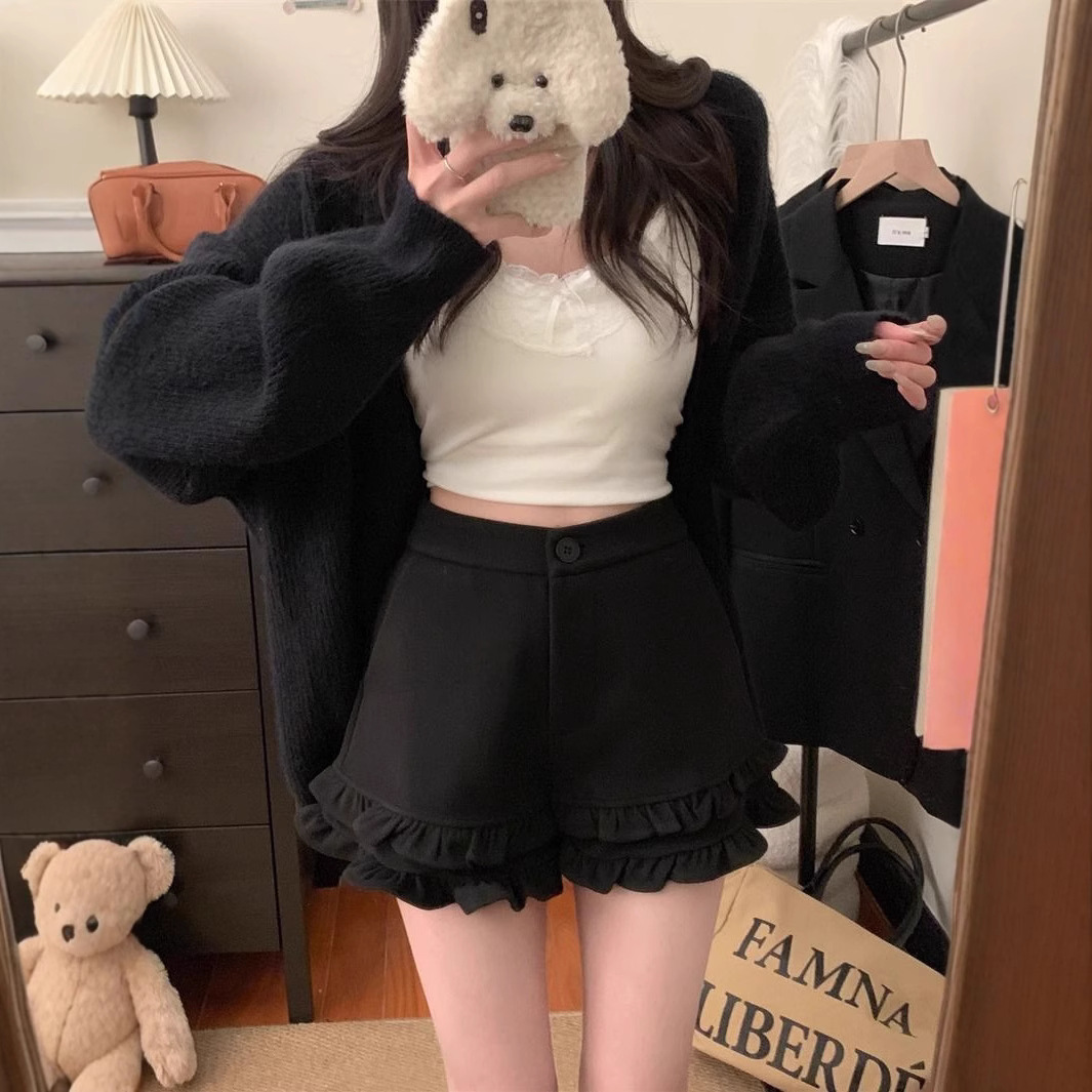 Autumn and Winter Sweet Elegant High Waist Slimming Wool Shorts Women's Design Sense Lace Hem Outer Boots Pants