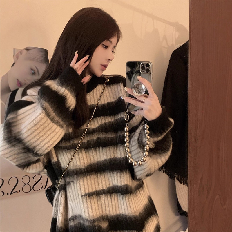 루즈하고 나른한 스트라이프 캐주얼 소프트 찹쌀 상의 빈티지 충돌 컬러 중