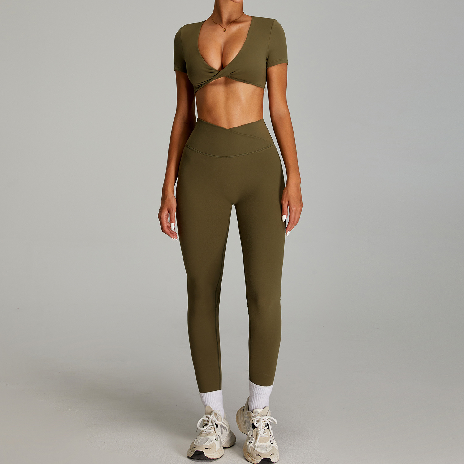 Traje de ropa de yoga desnuda de cintura alta cruzada transfronteriza, ropa de fitness ajustada de secado rápido para mujer, traje de carrera para deportes al aire libre