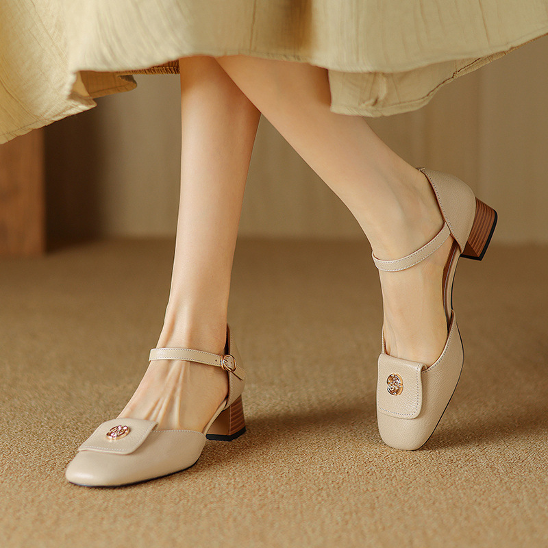 Sandal nữ quai ngang mũi bao da cừu cao cấp, gót vuông ổn định — Màu trắng be chi tiết 21