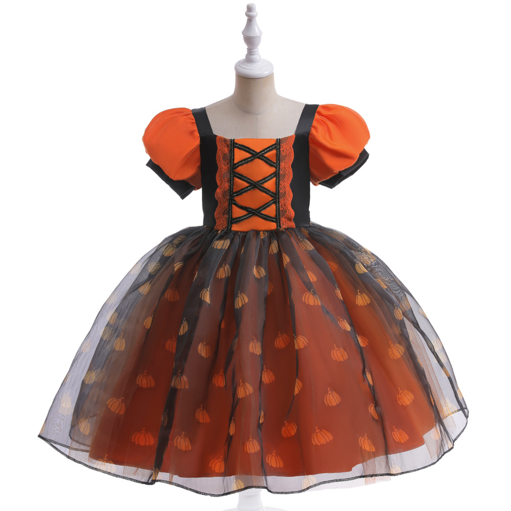 Nuevo en stock europeo y americano Halloween bola fiesta niños vestido puff manga costura calabaza vidrio hilo princesa vestido