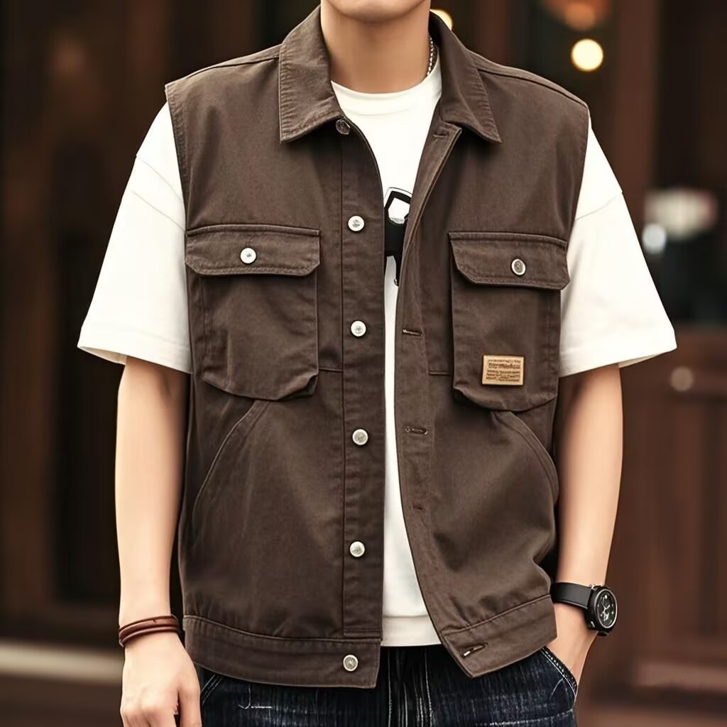 跨境夏季美式工装牛仔马甲男帅气潮流宽松户外坎肩背心休闲美益泰