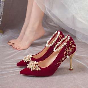 Pointed Toe Embroidered Wedding Shoes 2025 Summer New Style Xiuhe Suit Bridal High Heels Chinese Style Non-Tiring Wedding Shoes for Women