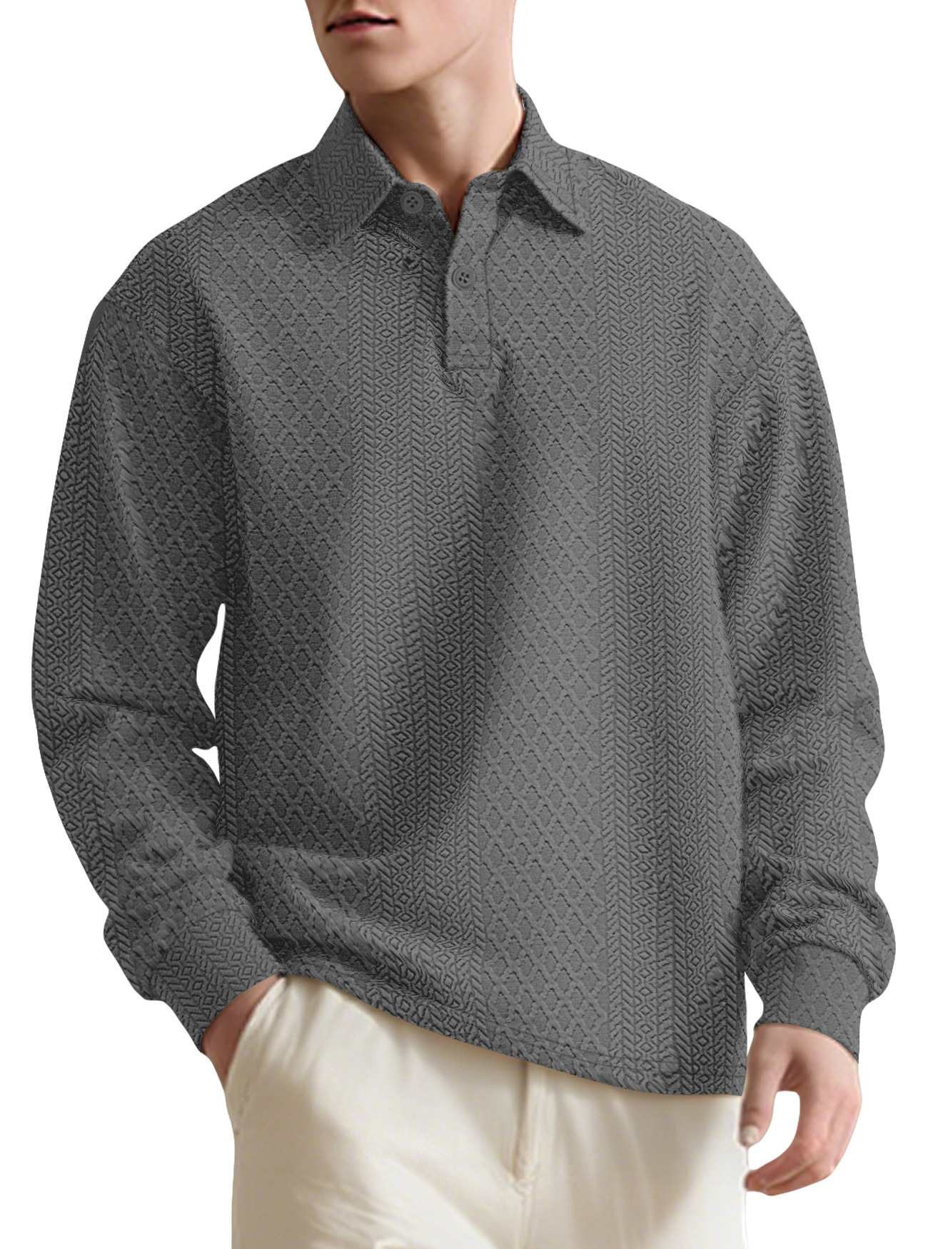 Textura transfronteriza Jacquard sólido hombre polo de manga larga comercio exterior Amazon botón nuevo cuello suelto camiseta hombre