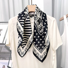 条纹千鸟格个性拼接真丝印花中方巾黑白简约配色桑蚕丝丝巾韩版女