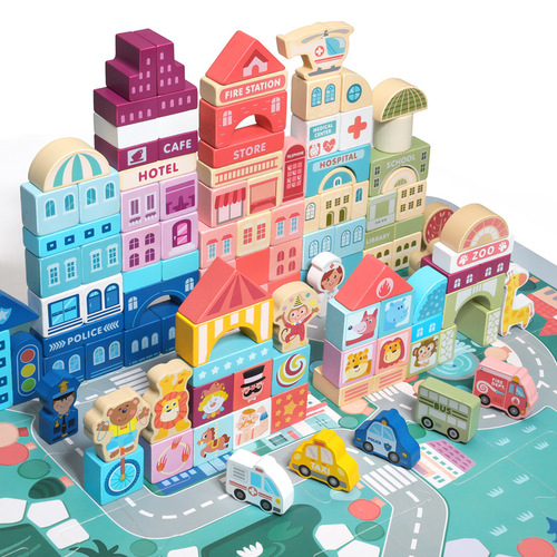 100 barreled urban traffic scene building blocks wooden educational enlightenment children's educational early education wooden toys