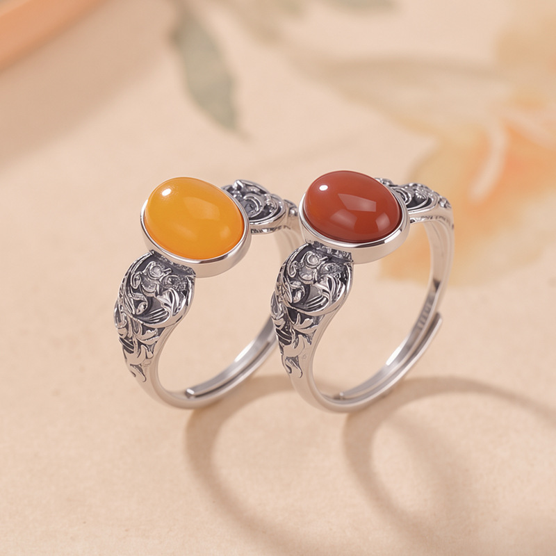 Nhẫn bạc S925 đính đá onyx đỏ họa tiết sóng biển phong cách vintage — Mật ong sáp