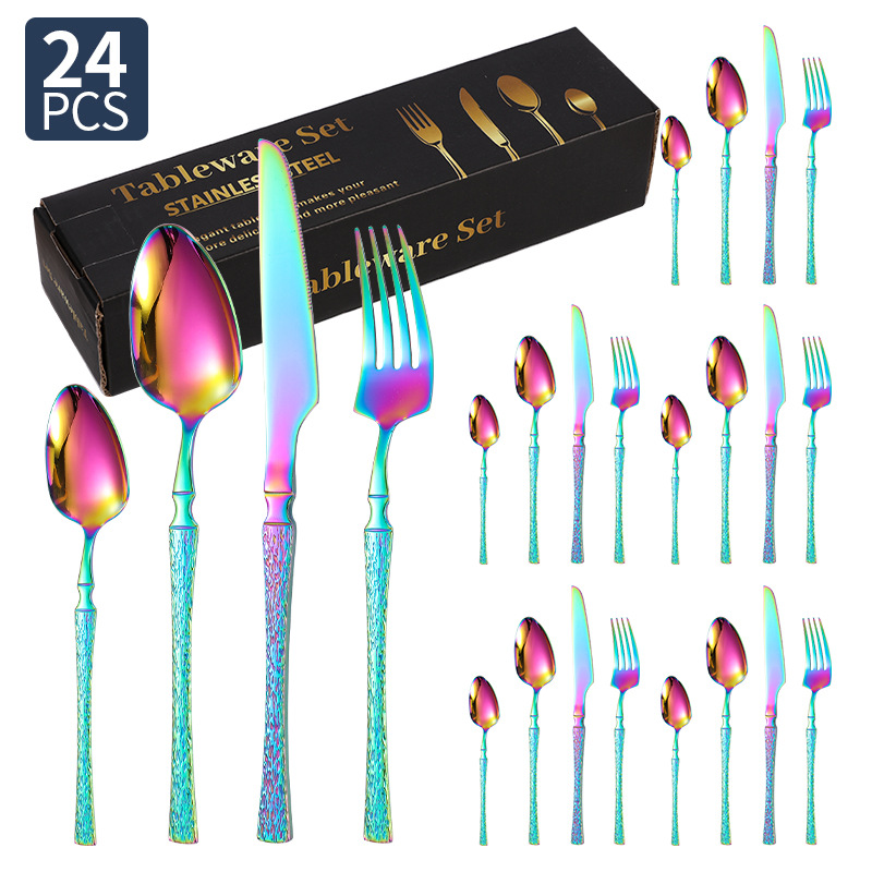 Cuchillos, tenedores y cucharas de acero inoxidable con cintura pequeña transfronteriza Juego de vajilla de acero inoxidable con cuchillo y tenedor de filete dorado, juego de 20/24/30