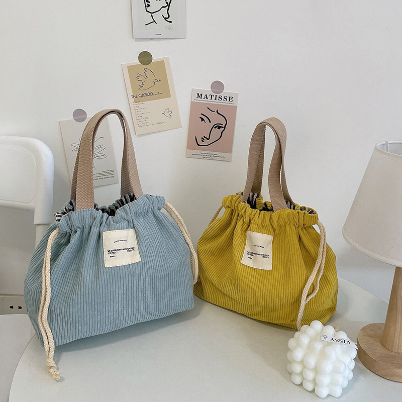 日式简约抽绳灯芯绒糖果色便当袋大容量小众日韩小方包带饭包跨境