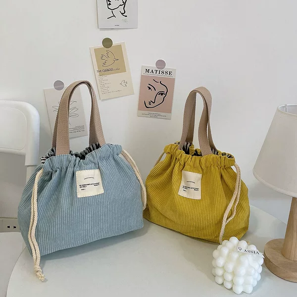 Japanese Style Simple Drawstring Corduroy Candy Color Lunch Bag Large Capacity Niche Japanese and Korean Small Square Bag with Rice Bag Cross-border