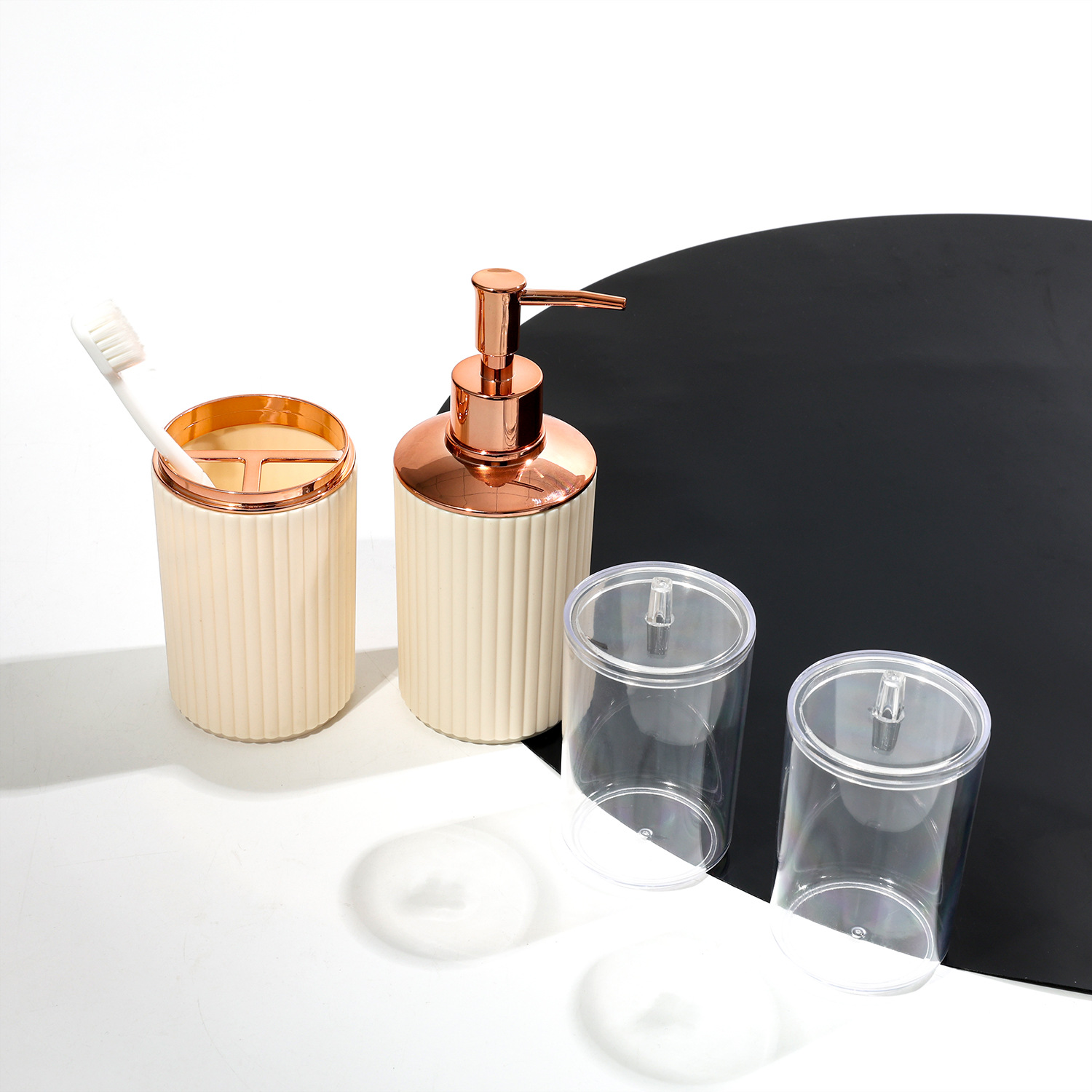 Modern minimalist hotel and homestay bathroom toiletry set, including lotion bottle, toothbrush holder, cup, and cotton swab box, 4-piece set