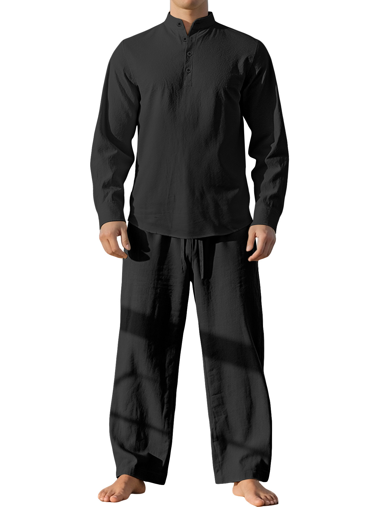 Nuevo transfronterizo Europa y América primavera y otoño delgada camisa de mangas largas deportiva de cuello vertical camisa de color sólido de algodón y lino para hombres