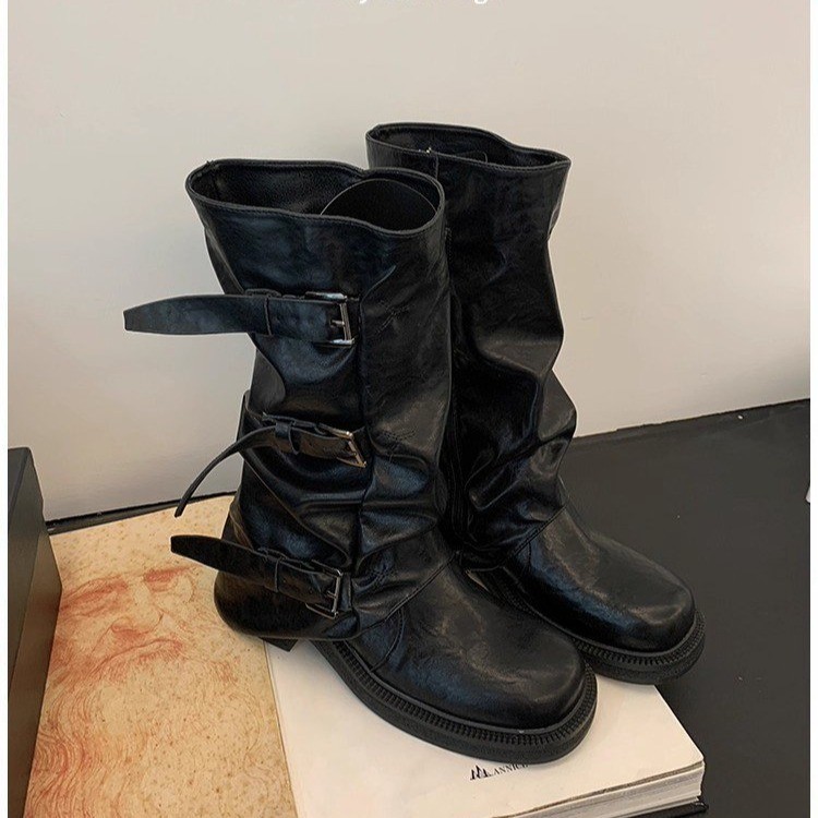 Thick-Soled Washed Leather Pants Boots for Women 2025 New Belt Buckle Mid-Calf Boots Retro Western Cowboy Boots