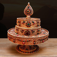 尼泊尔铜掐丝曼扎盘藏传佛用品曼扎盘整套圆形款镶宝石曼茶罗
