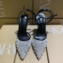 ZA2025年新款名媛亮片细跟高跟女尖头性感T字带包头后空水钻凉鞋