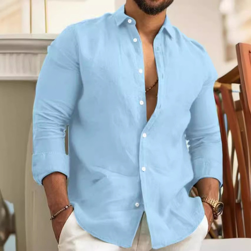 OEM Cotton Linen Pure Color Men's Shirt Green Casual